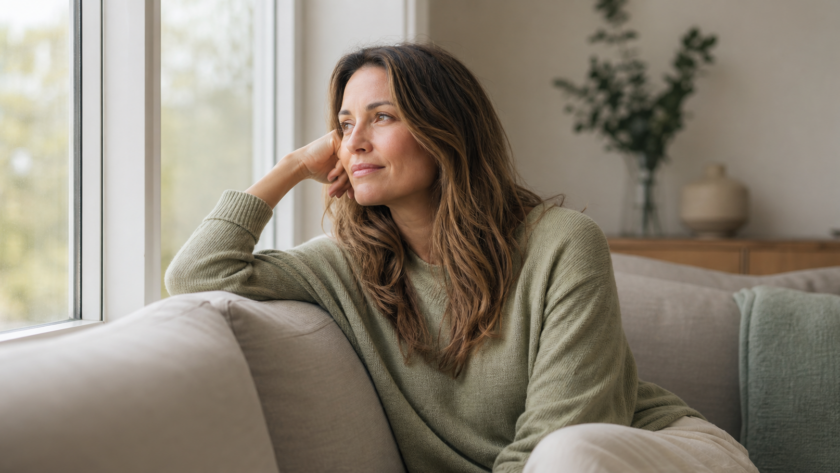 Volwassen vrouw denkt na over de impact van opgroeien met een depressieve ouder