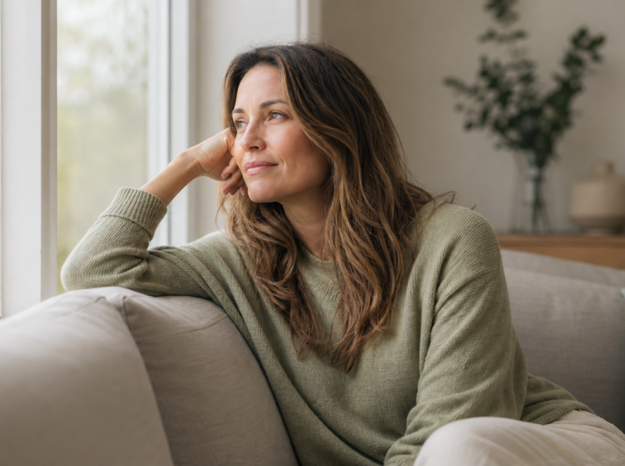 Volwassen vrouw denkt na over de impact van opgroeien met een depressieve ouder